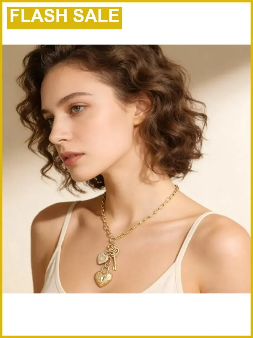 18K Gold Plated Heart Lock Key Pendant Necklace Paperclip Chain Choker